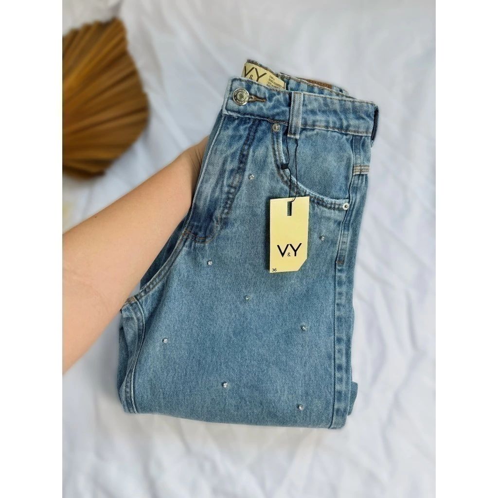 Calça Jeans Feminina Wide Leg Pedraria Pedrinhas