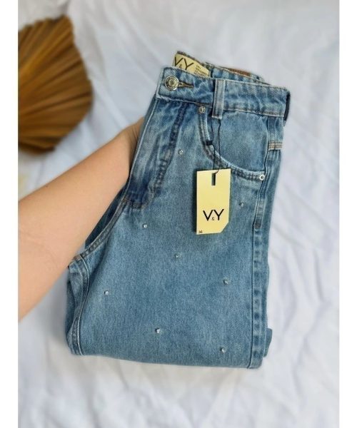Calça Jeans Feminina Wide Leg Pedraria Pedrinhas